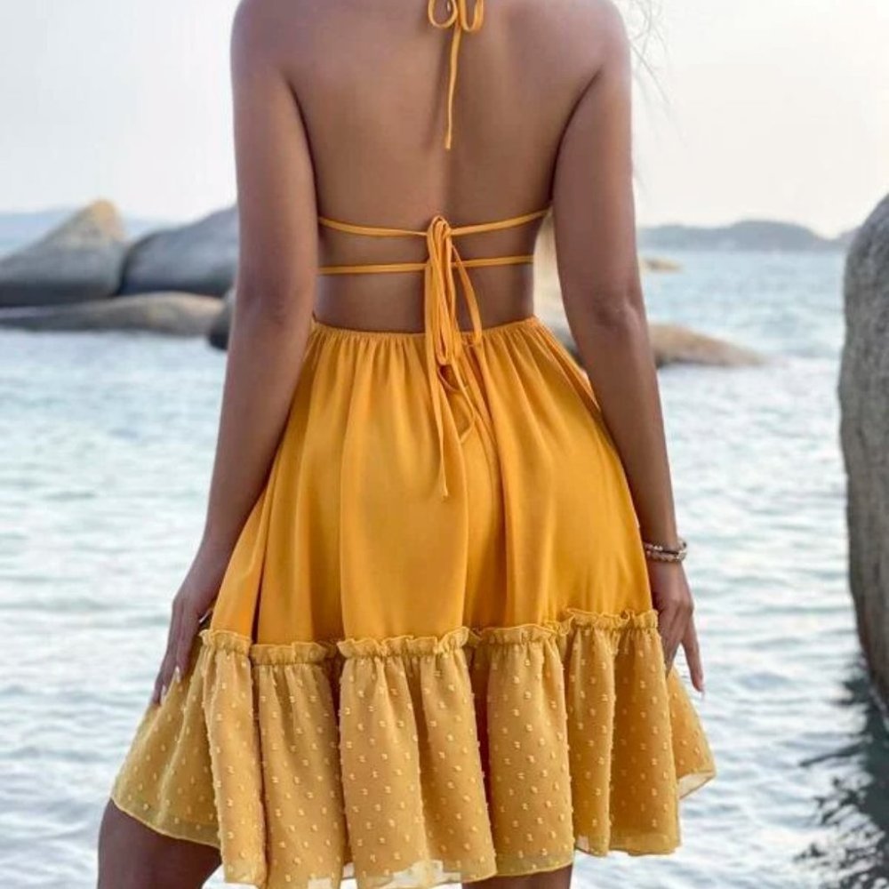 yellow Frill Trim Contrast Swiss Dot Halter Backless Dress - Picture 5 of 8